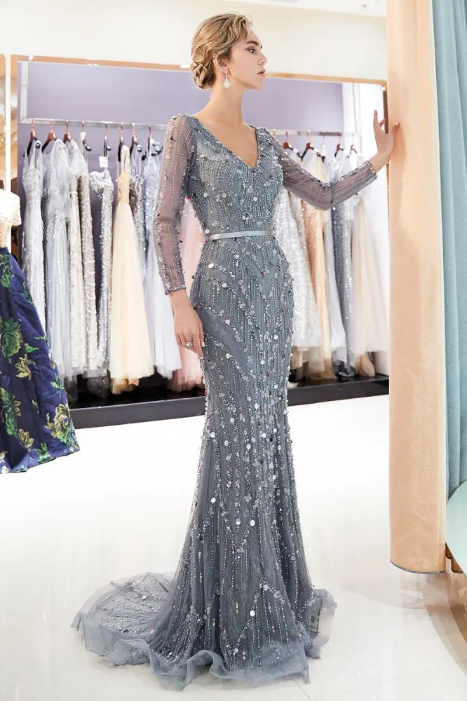 Mermaid Long Sleeves V-neck Sequins Evening Gowns with Sash