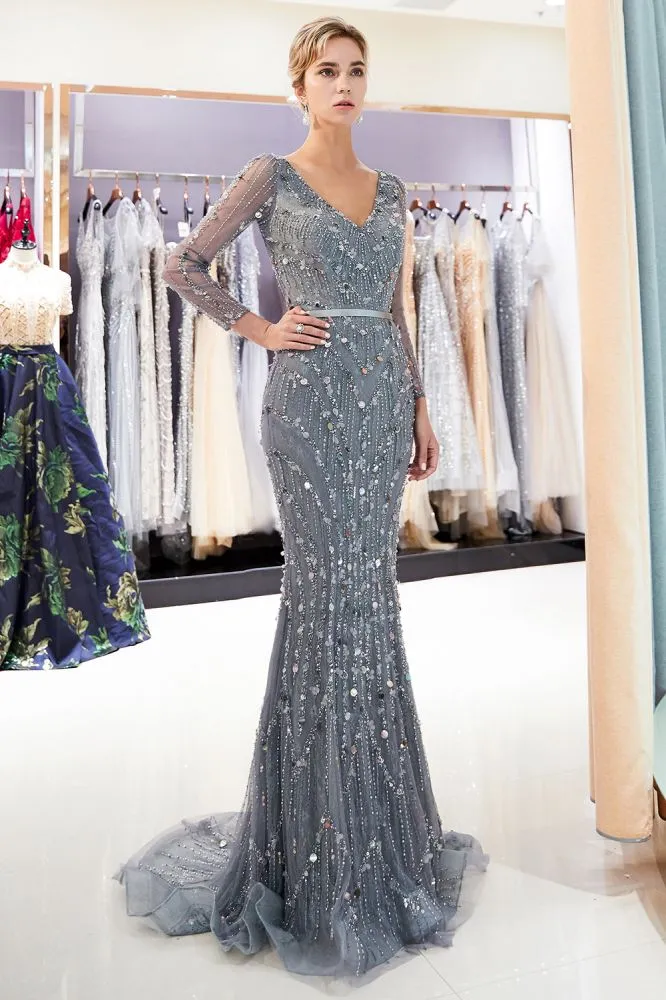 Mermaid Long Sleeves V-neck Sequins Evening Gowns with Sash