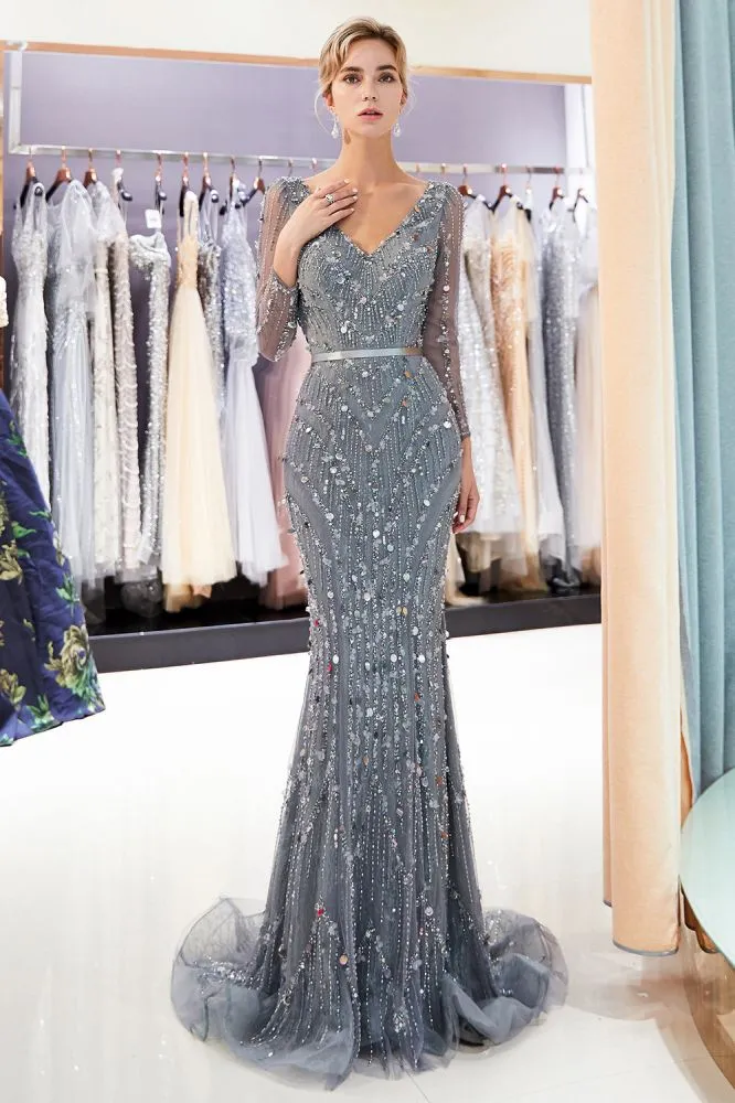 Mermaid Long Sleeves V-neck Sequins Evening Gowns with Sash