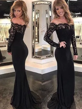 Mermaid Off-Shoulder Sweep Train Chiffon Appliqued Black Evening Dresses ABC0007