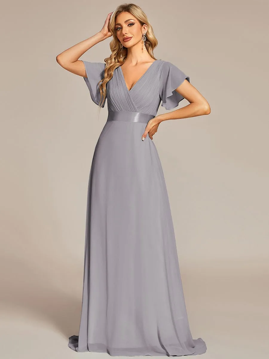 Monica | Long Chiffon Empire Waist Bridesmaid Dress with Short Flutter Sleeves