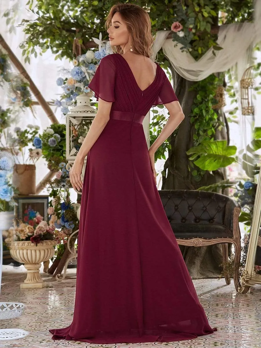 Monica | Long Chiffon Empire Waist Bridesmaid Dress with Short Flutter Sleeves