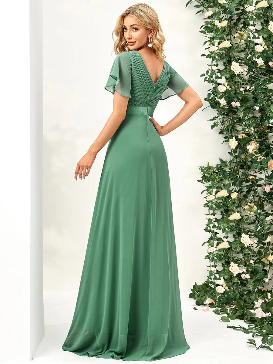 Monica | Long Chiffon Empire Waist Bridesmaid Dress with Short Flutter Sleeves