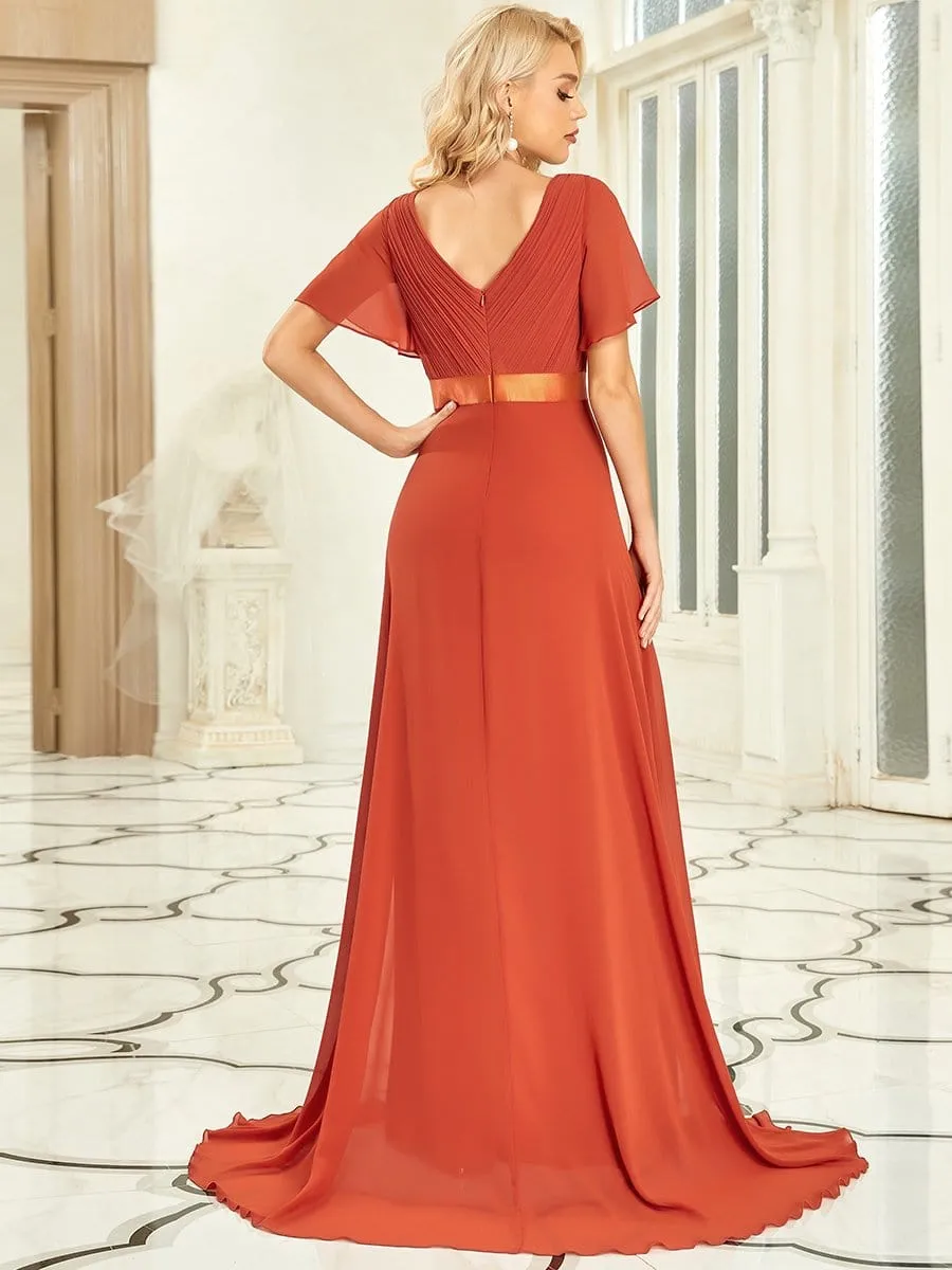 Monica | Long Chiffon Empire Waist Bridesmaid Dress with Short Flutter Sleeves