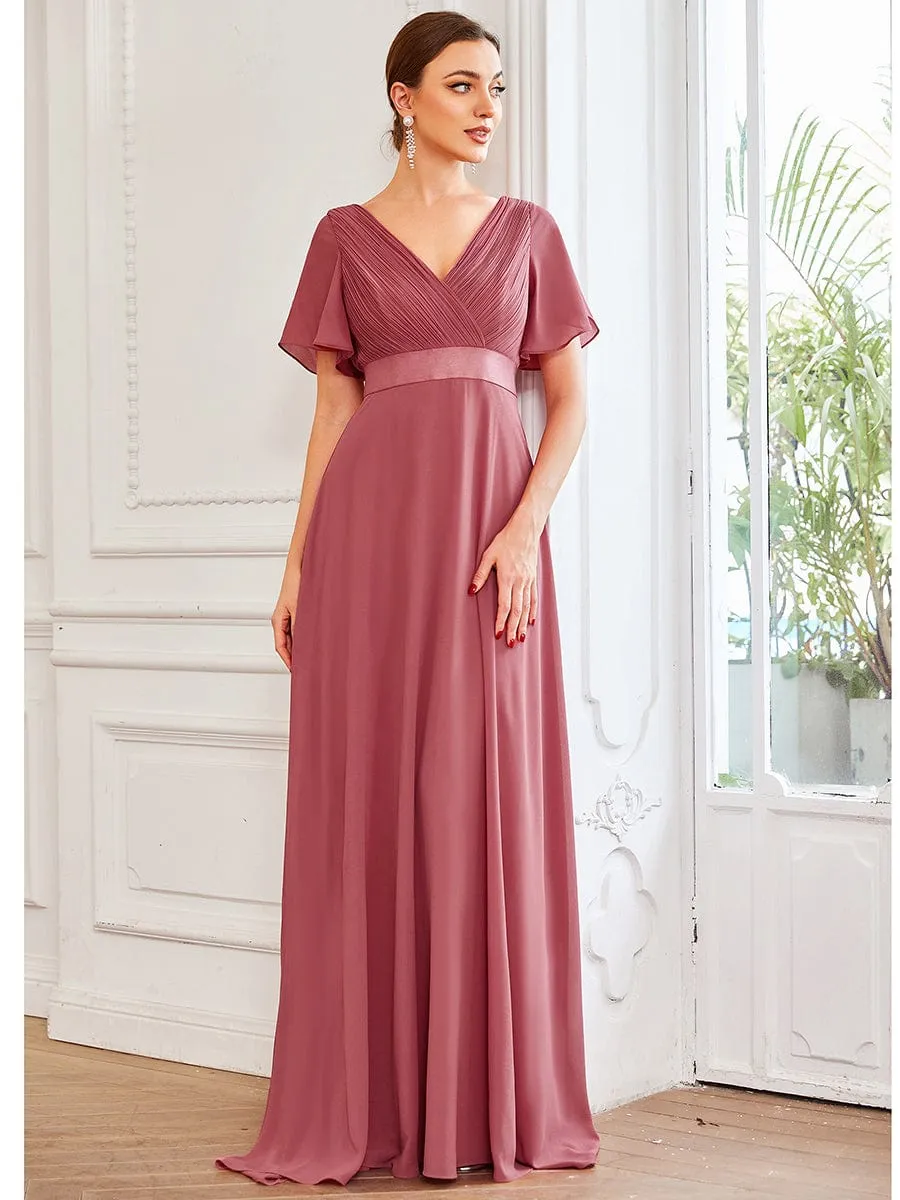 Monica | Long Chiffon Empire Waist Bridesmaid Dress with Short Flutter Sleeves