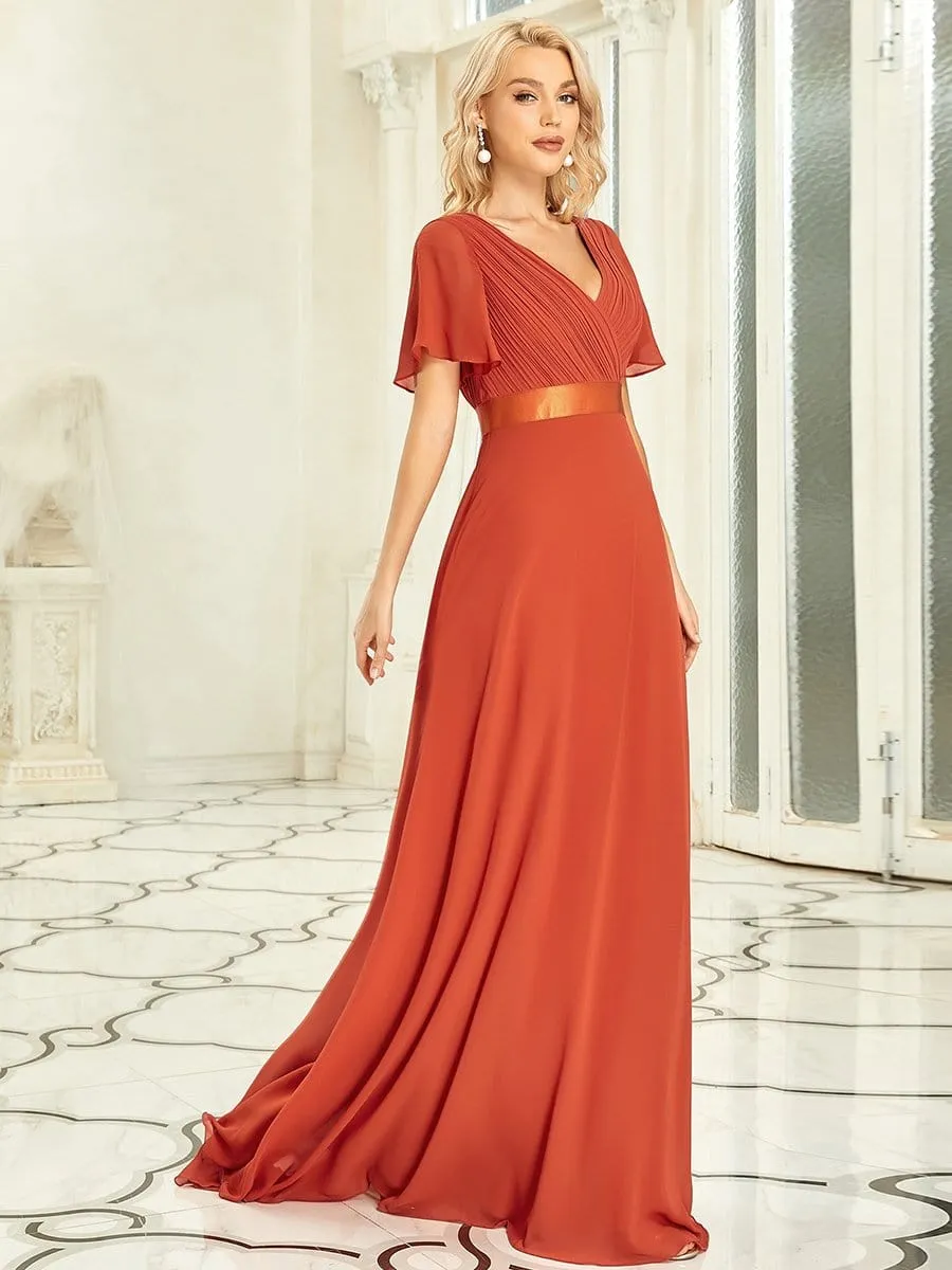 Monica | Long Chiffon Empire Waist Bridesmaid Dress with Short Flutter Sleeves