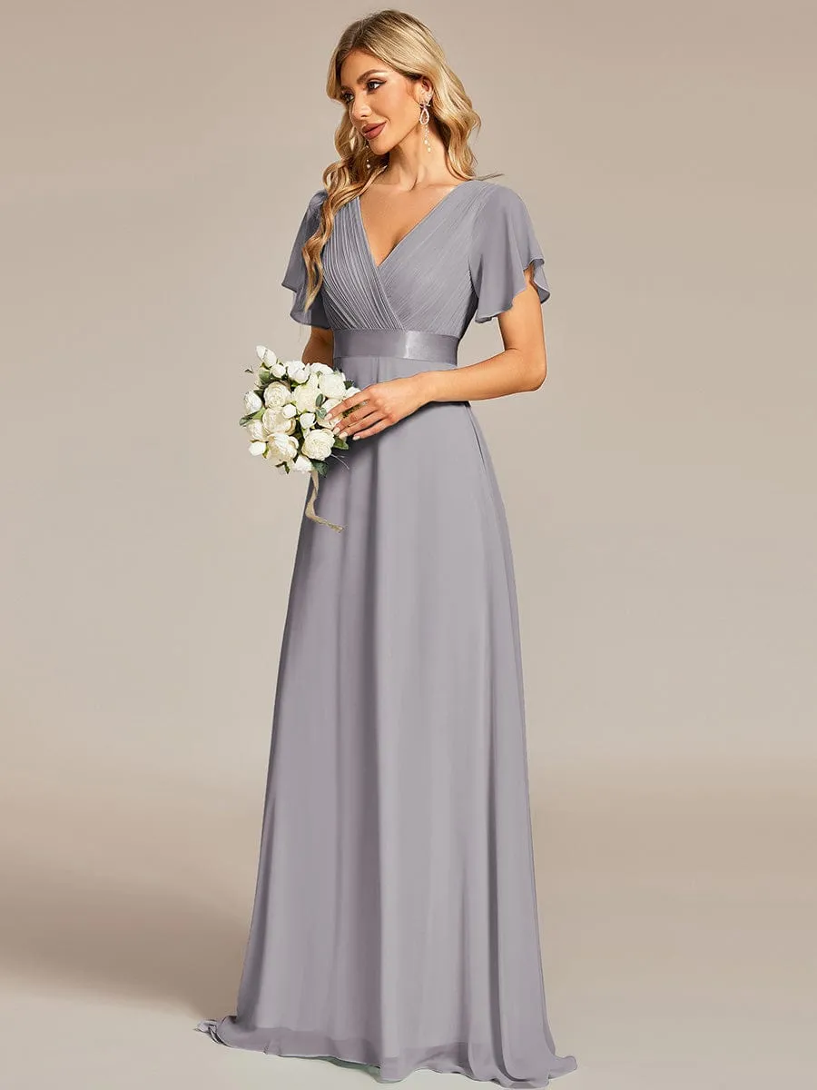 Monica | Long Chiffon Empire Waist Bridesmaid Dress with Short Flutter Sleeves