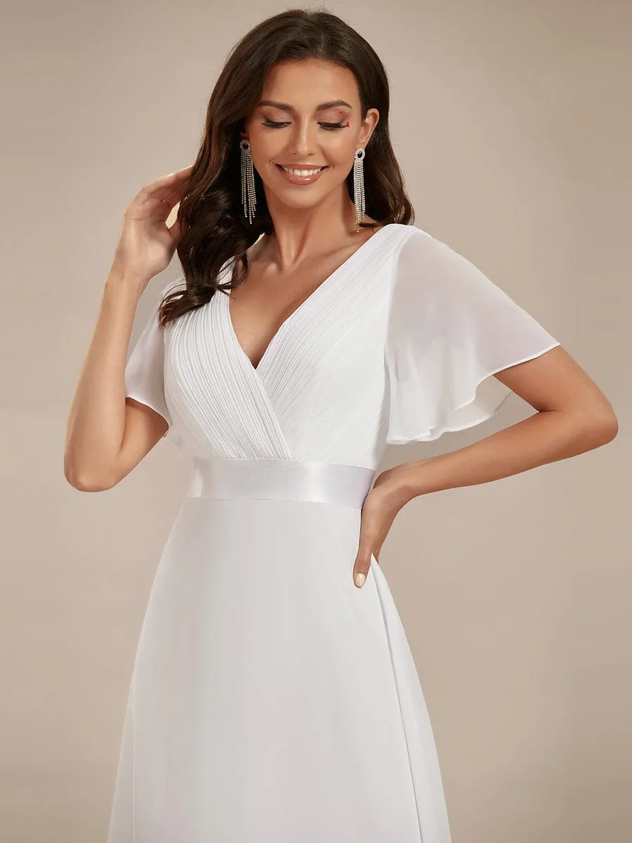 Monica | Long Chiffon Empire Waist Bridesmaid Dress with Short Flutter Sleeves