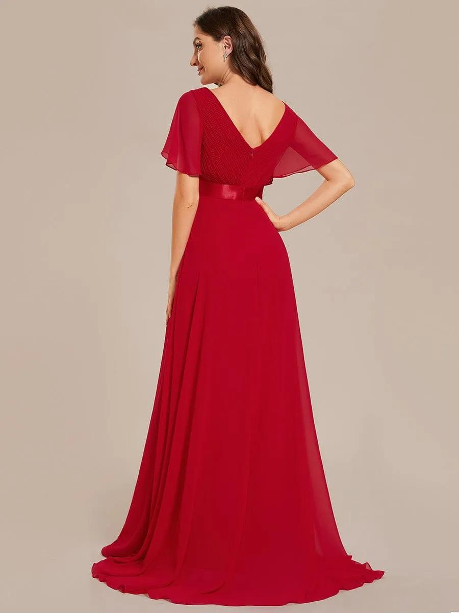 Monica | Long Chiffon Empire Waist Bridesmaid Dress with Short Flutter Sleeves