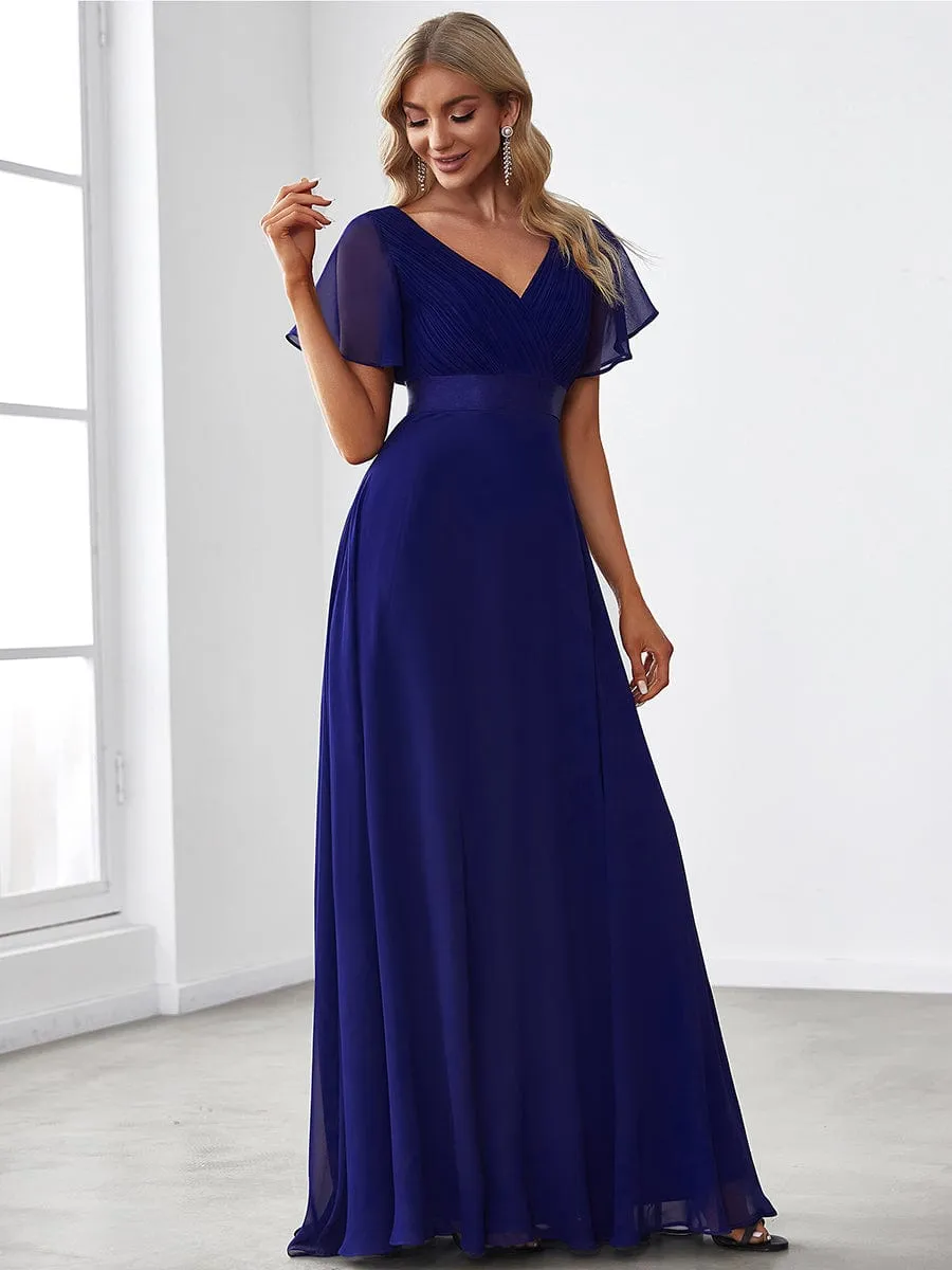 Monica | Long Chiffon Empire Waist Bridesmaid Dress with Short Flutter Sleeves