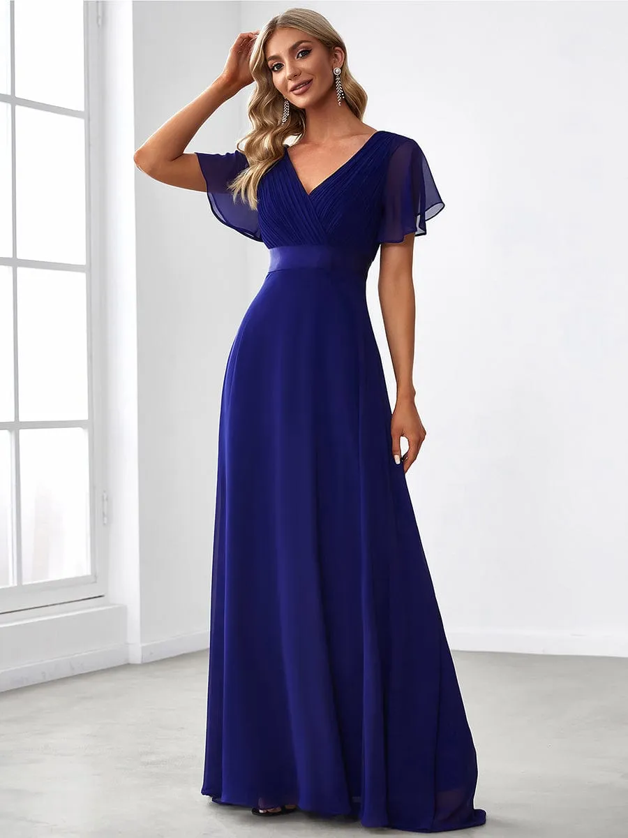 Monica | Long Chiffon Empire Waist Bridesmaid Dress with Short Flutter Sleeves