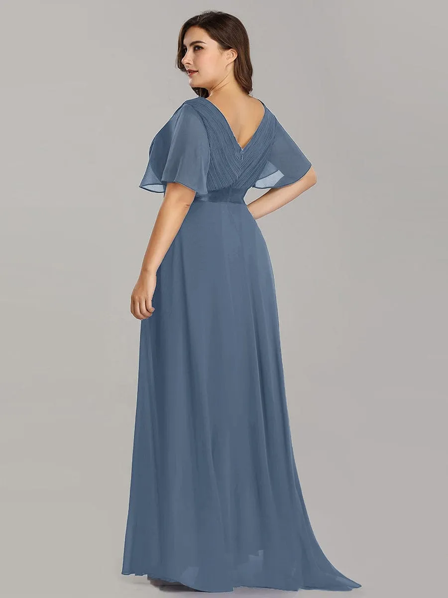 Monica | Long Chiffon Empire Waist Bridesmaid Dress with Short Flutter Sleeves