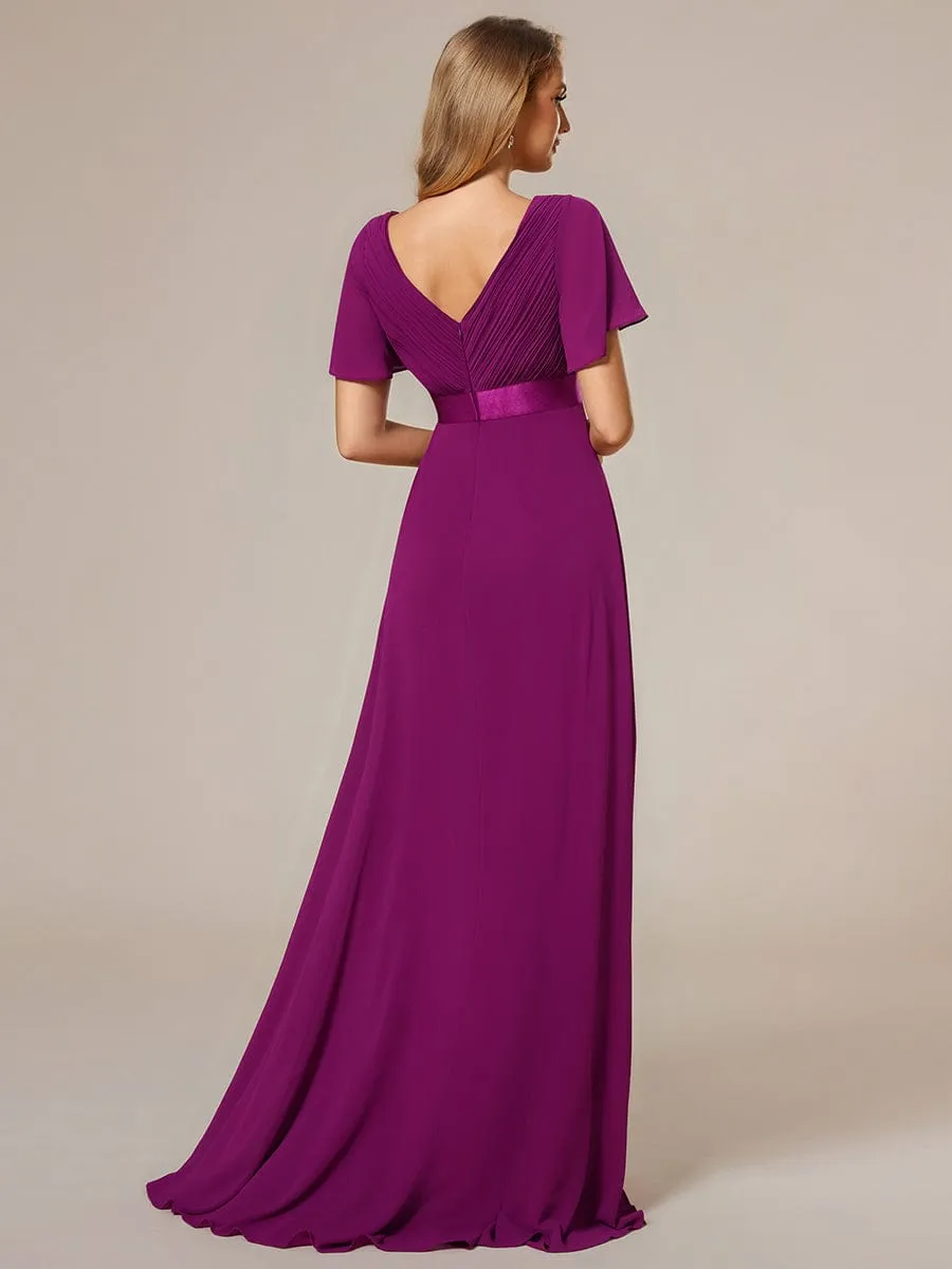 Monica | Long Chiffon Empire Waist Bridesmaid Dress with Short Flutter Sleeves