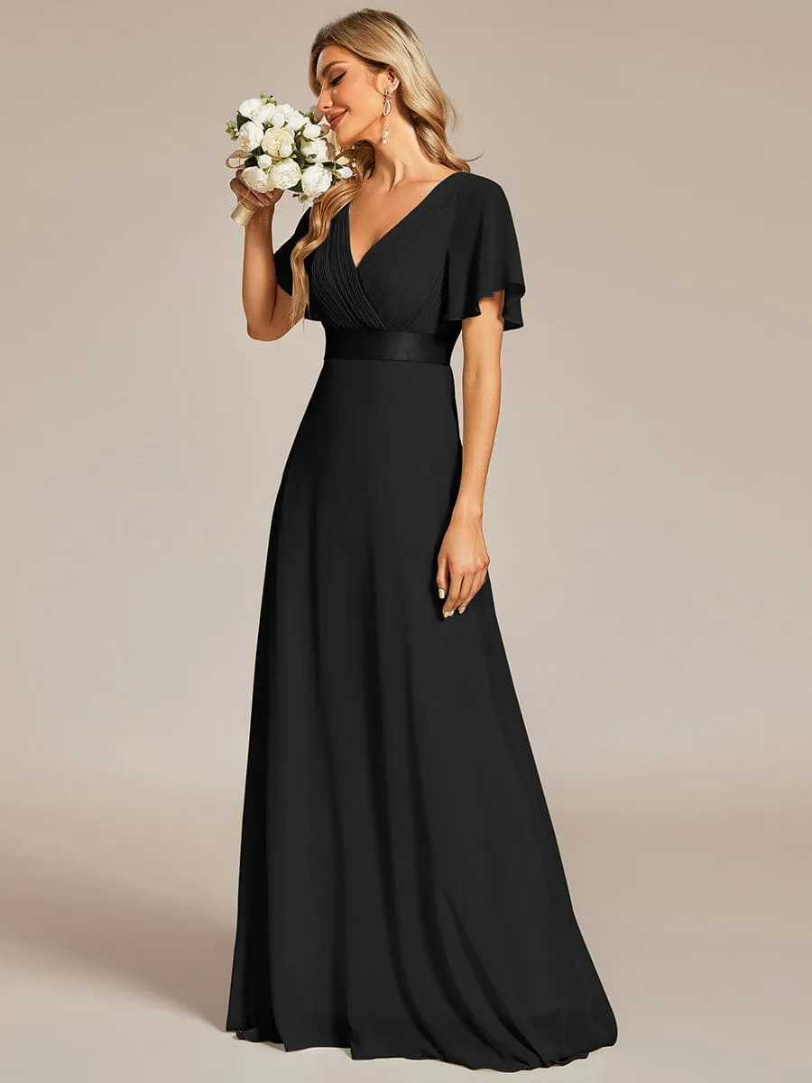 Monica | Long Chiffon Empire Waist Bridesmaid Dress with Short Flutter Sleeves