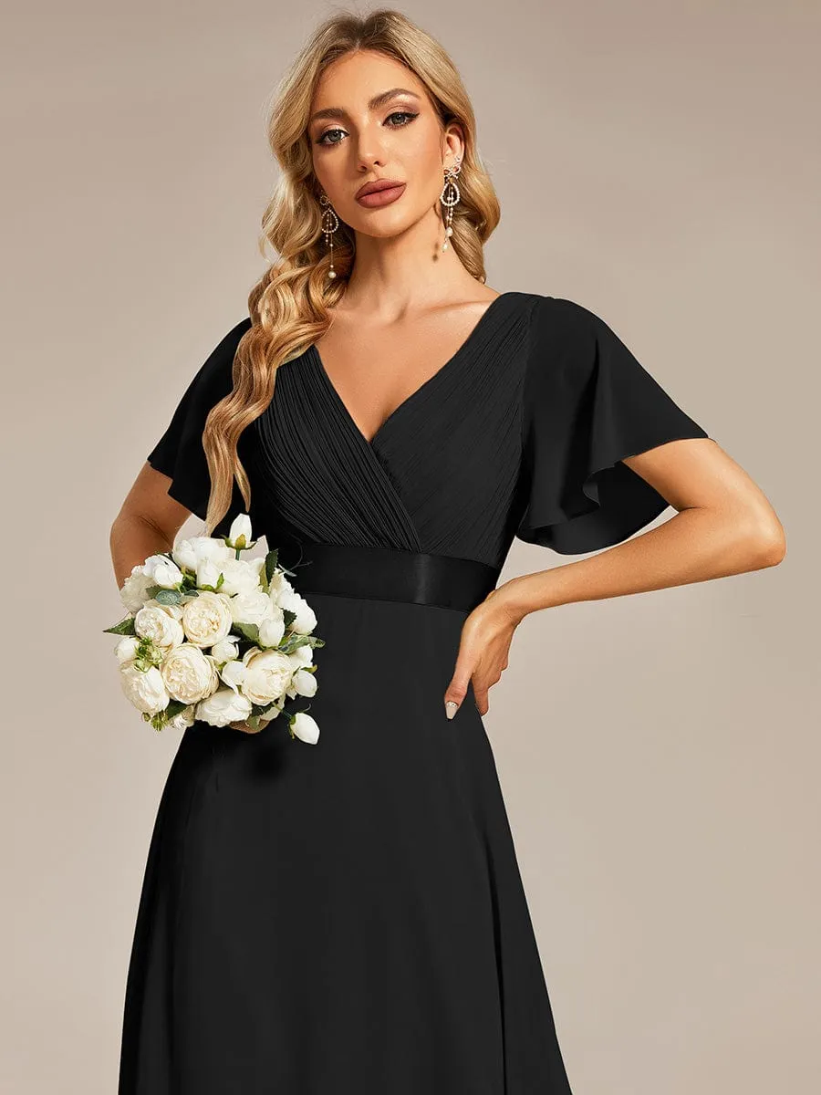 Monica | Long Chiffon Empire Waist Bridesmaid Dress with Short Flutter Sleeves