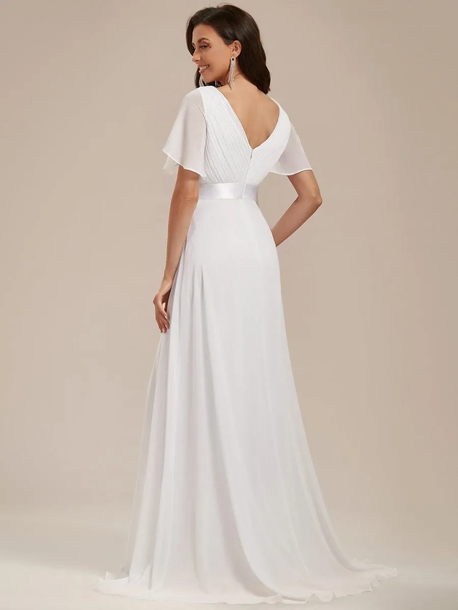 Monica | Long Chiffon Empire Waist Bridesmaid Dress with Short Flutter Sleeves