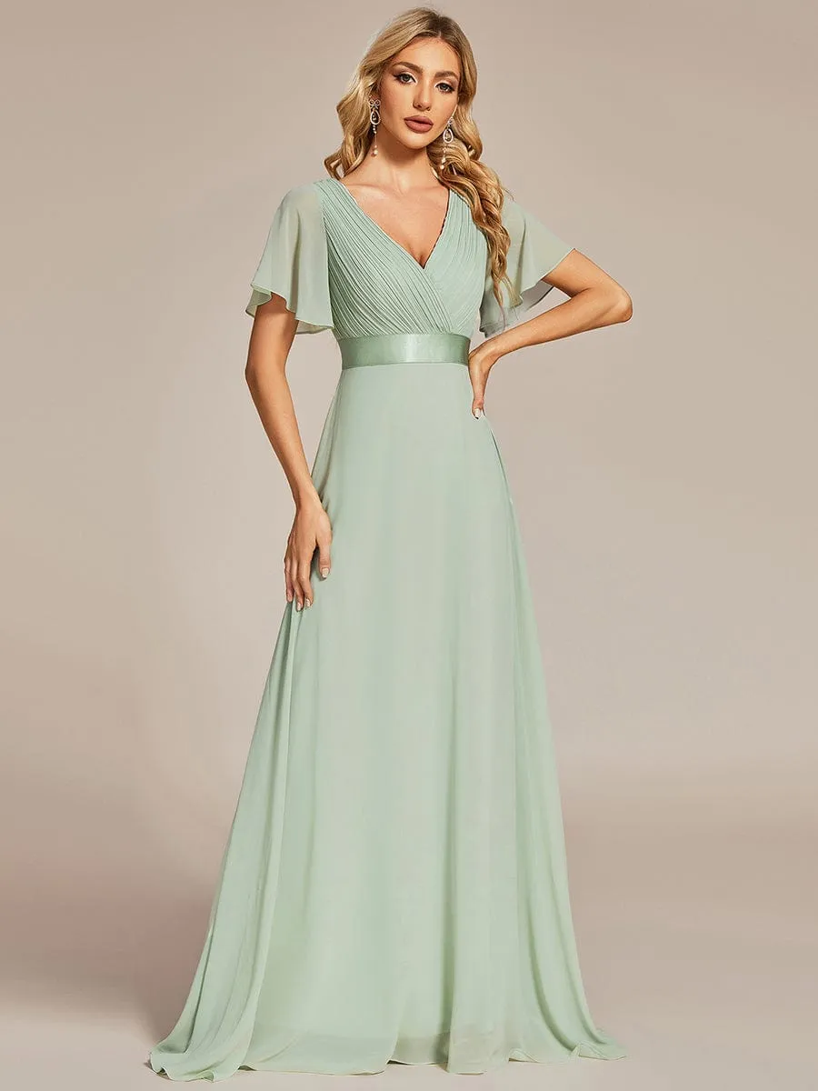 Monica | Long Chiffon Empire Waist Bridesmaid Dress with Short Flutter Sleeves