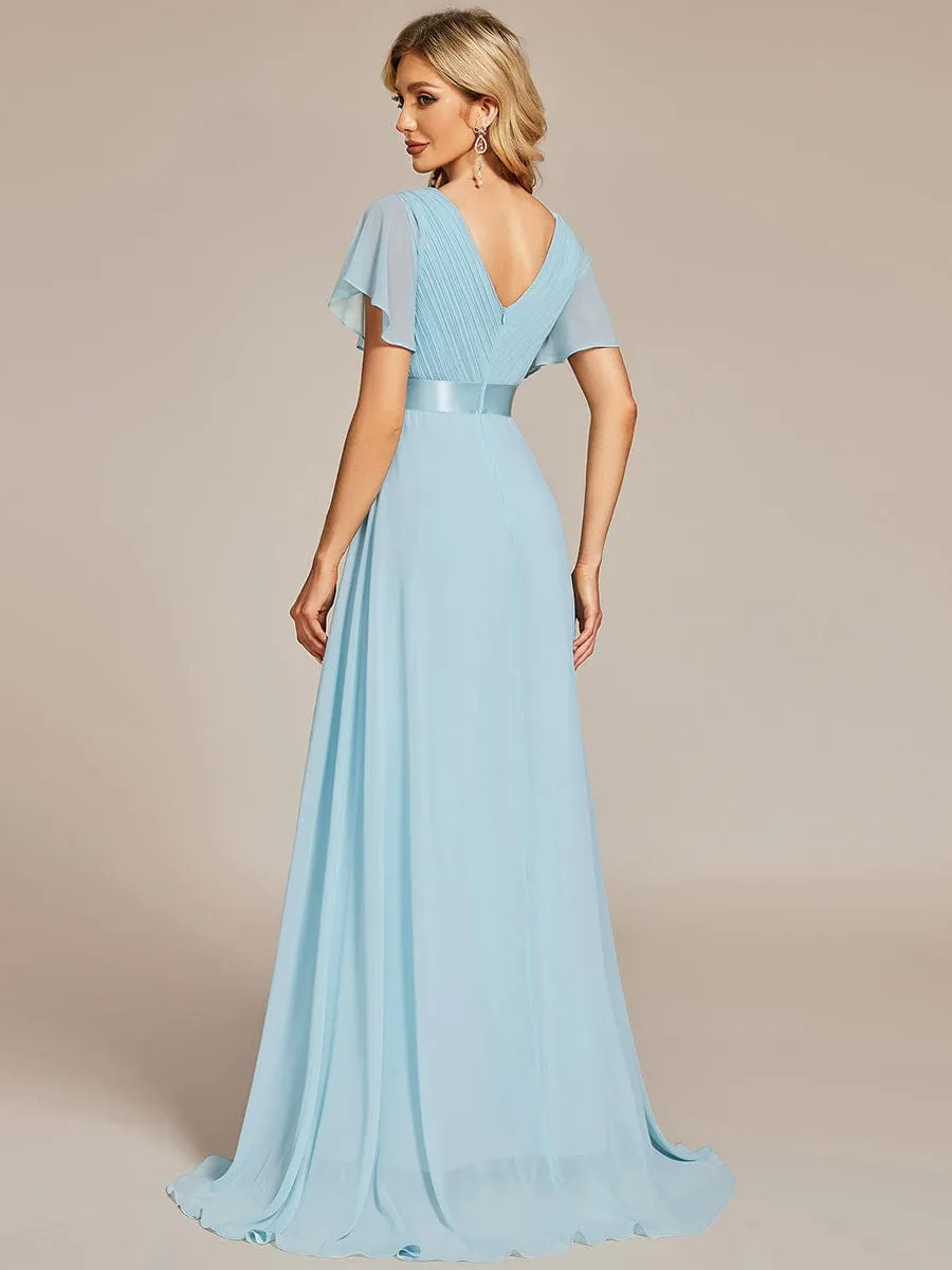 Monica | Long Chiffon Empire Waist Bridesmaid Dress with Short Flutter Sleeves