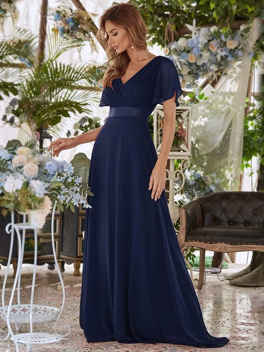 Monica | Long Chiffon Empire Waist Bridesmaid Dress with Short Flutter Sleeves