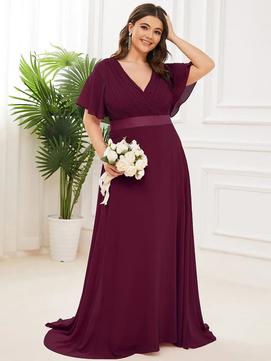 Monica | Long Chiffon Empire Waist Bridesmaid Dress with Short Flutter Sleeves