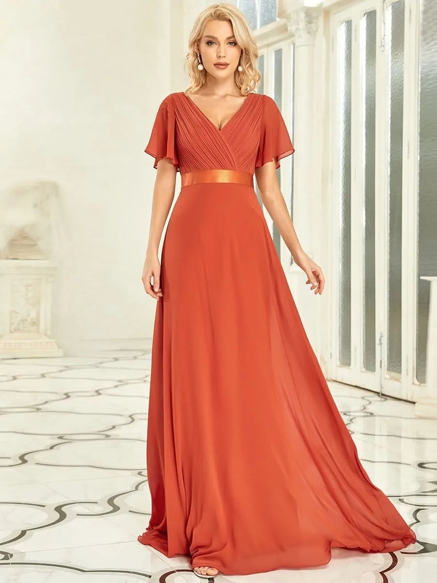 Monica | Long Chiffon Empire Waist Bridesmaid Dress with Short Flutter Sleeves