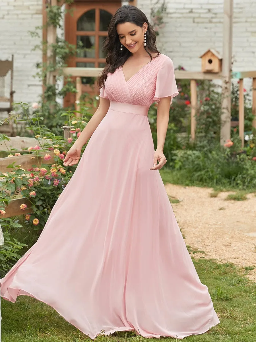 Monica | Long Chiffon Empire Waist Bridesmaid Dress with Short Flutter Sleeves