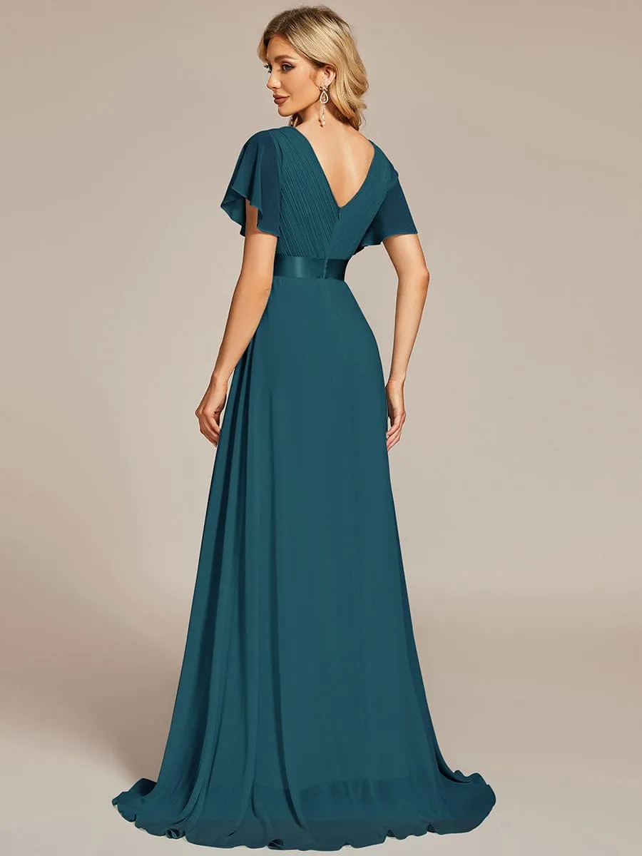 Monica | Long Chiffon Empire Waist Bridesmaid Dress with Short Flutter Sleeves