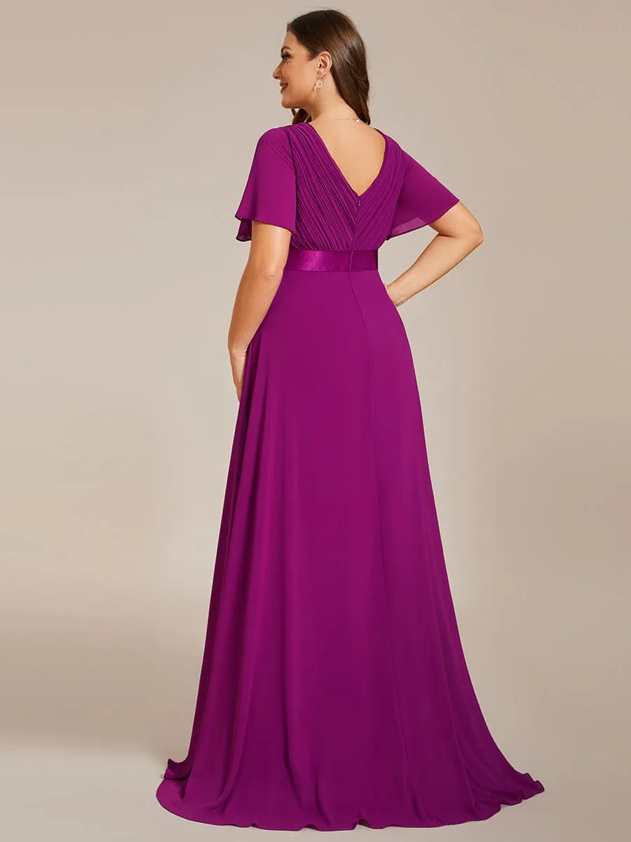 Monica | Long Chiffon Empire Waist Bridesmaid Dress with Short Flutter Sleeves