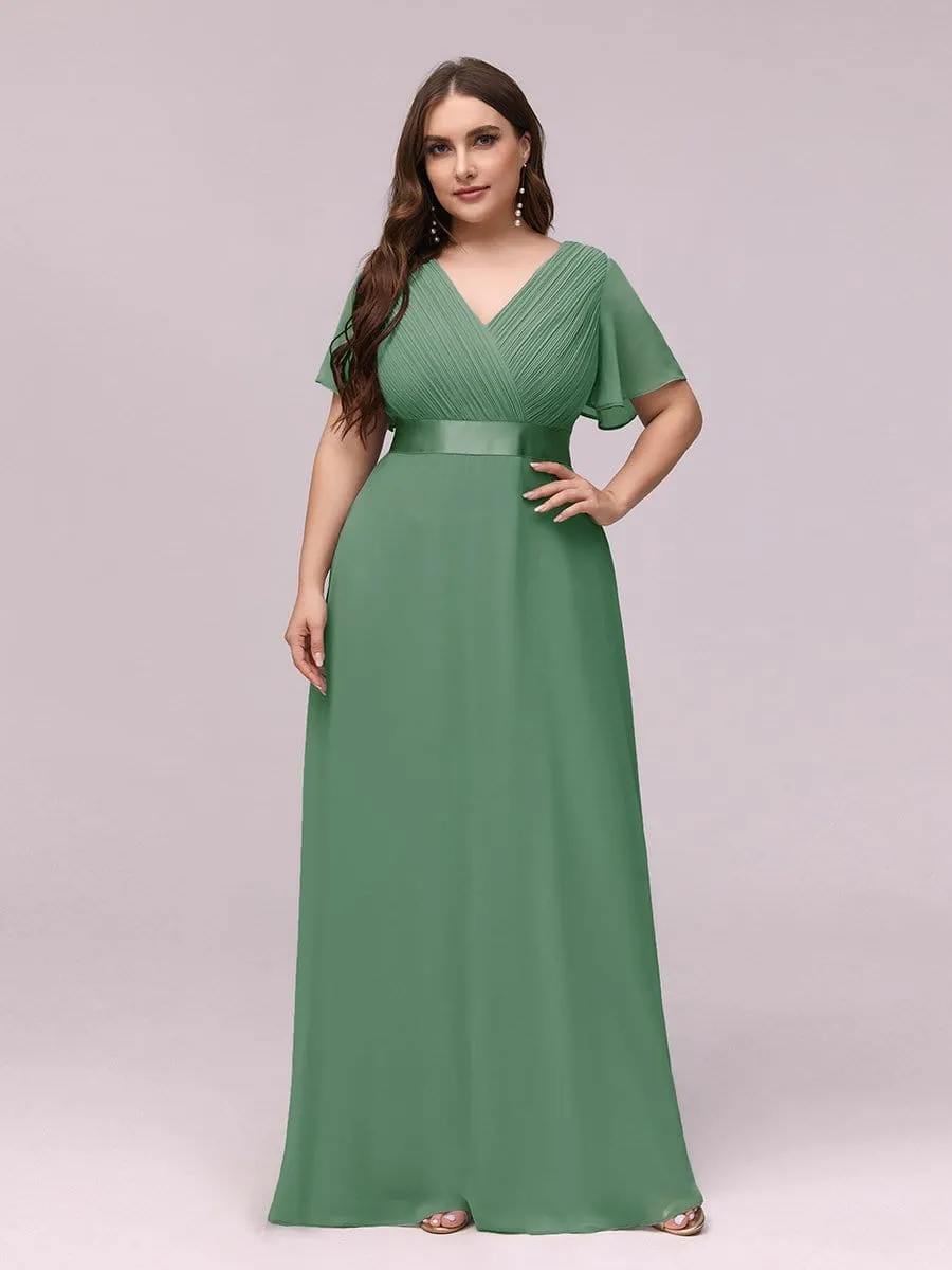 Monica | Long Chiffon Empire Waist Bridesmaid Dress with Short Flutter Sleeves