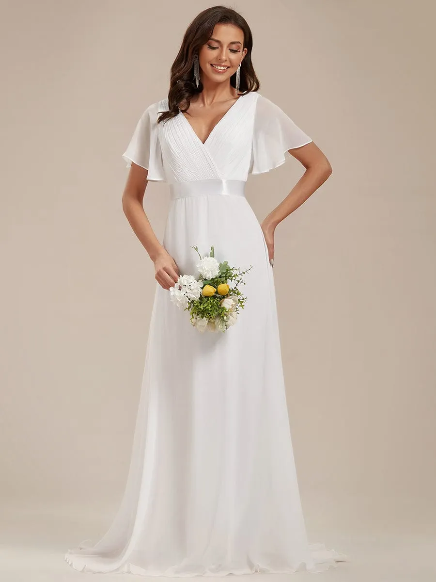 Monica | Long Chiffon Empire Waist Bridesmaid Dress with Short Flutter Sleeves