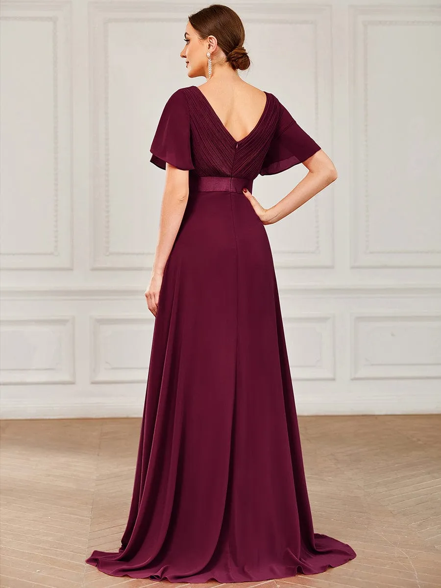 Monica | Long Chiffon Empire Waist Bridesmaid Dress with Short Flutter Sleeves