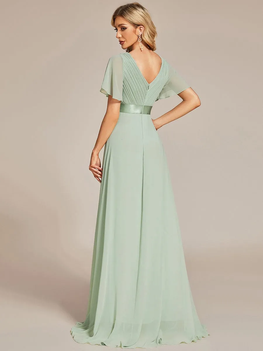 Monica | Long Chiffon Empire Waist Bridesmaid Dress with Short Flutter Sleeves