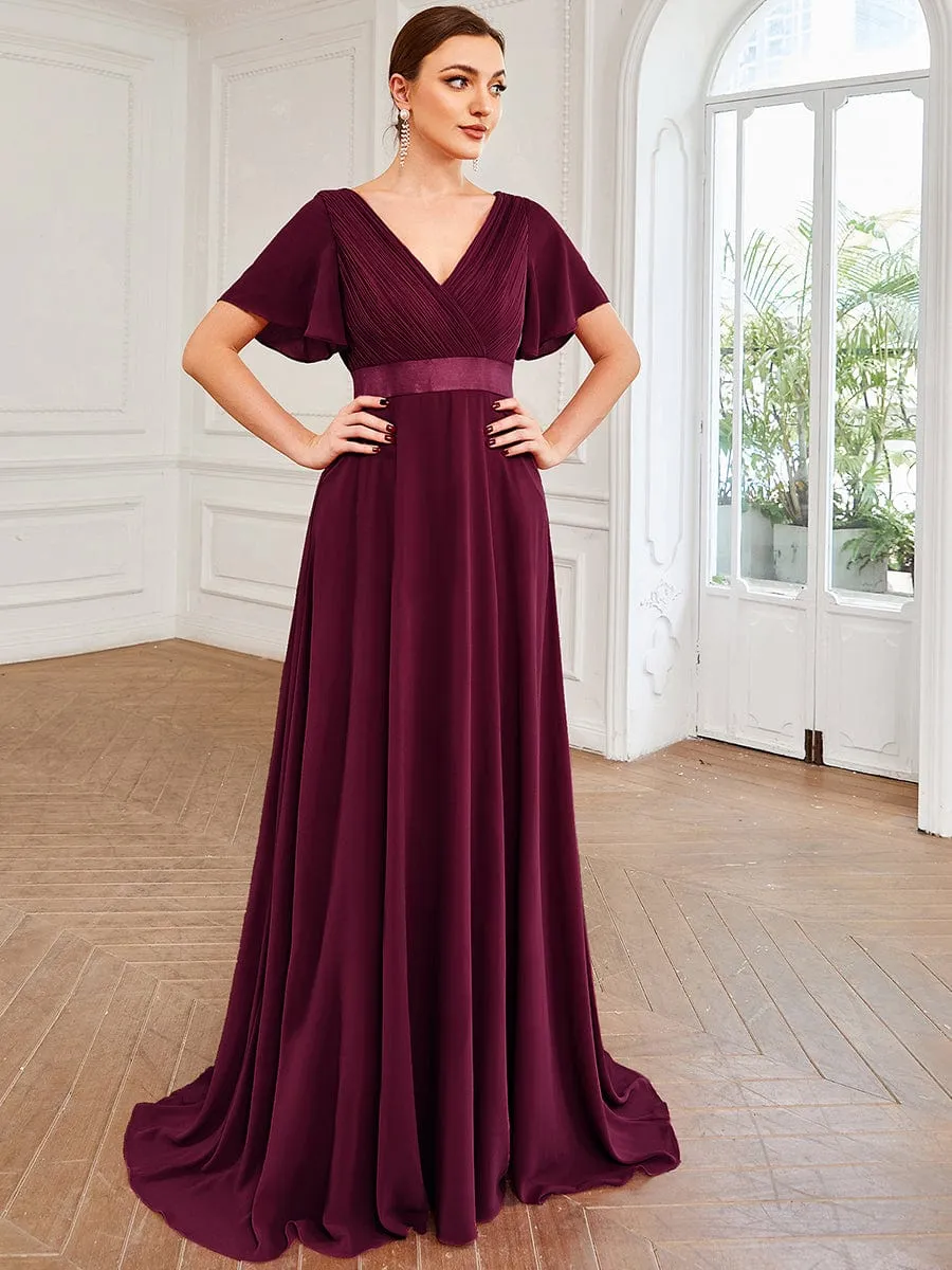 Monica | Long Chiffon Empire Waist Bridesmaid Dress with Short Flutter Sleeves