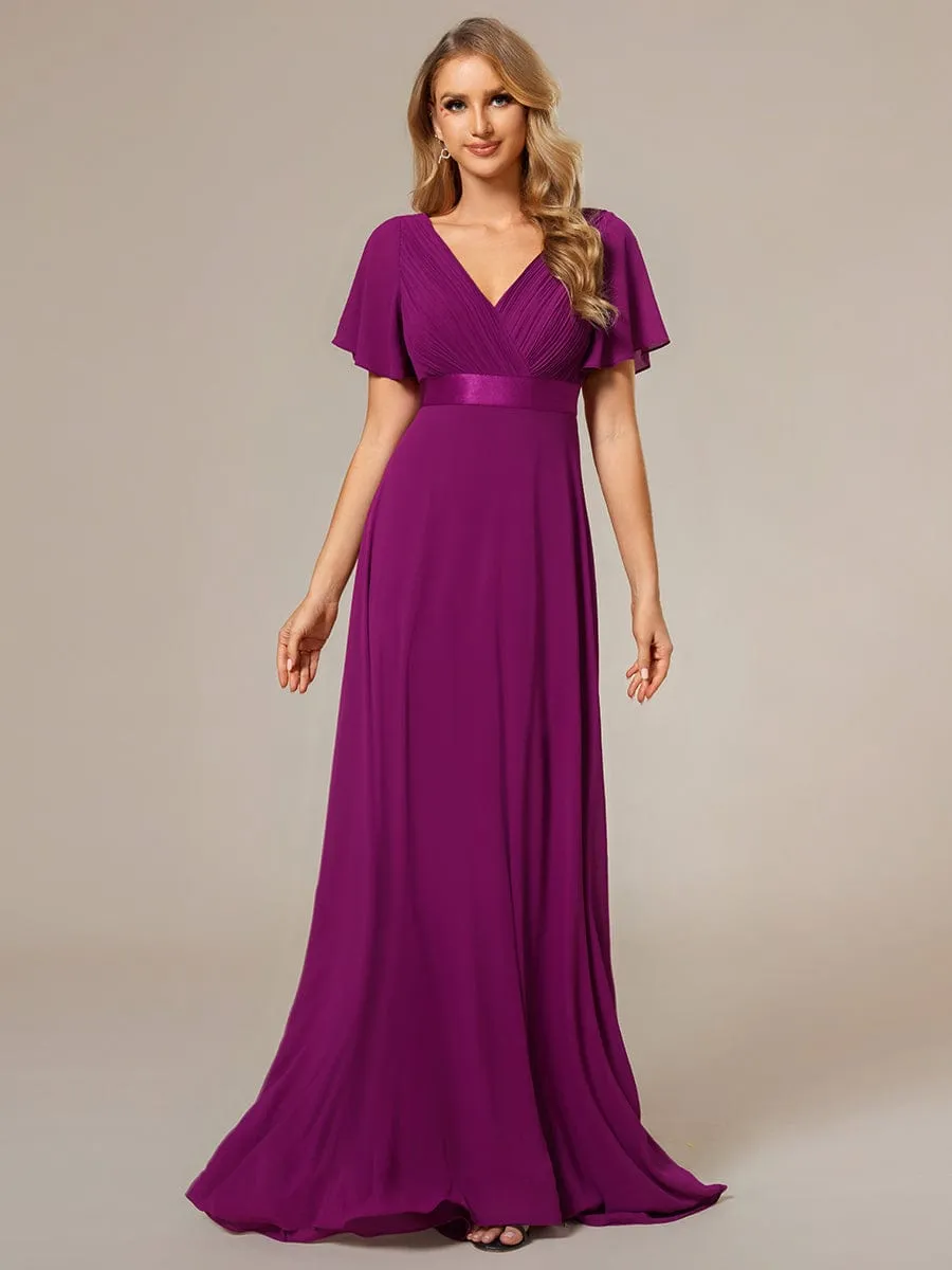 Monica | Long Chiffon Empire Waist Bridesmaid Dress with Short Flutter Sleeves