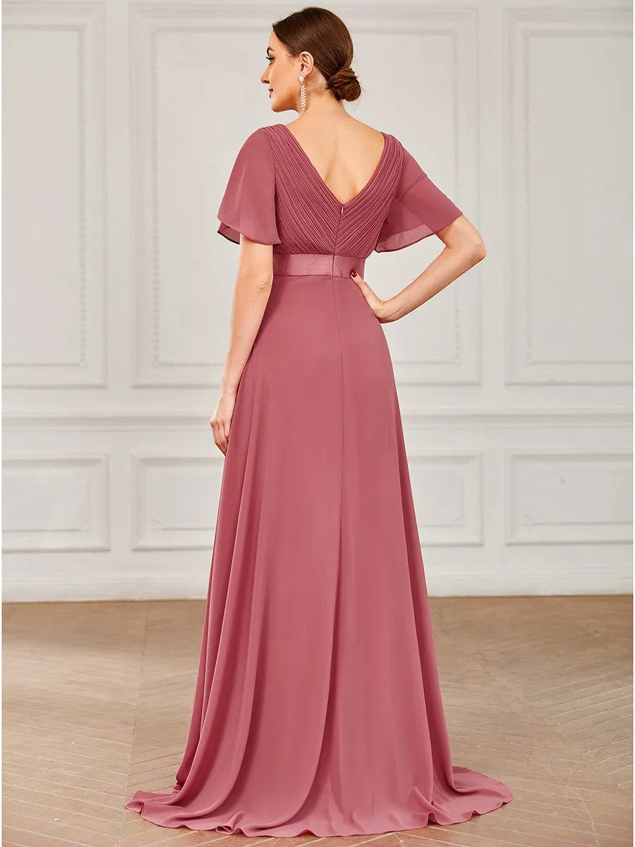 Monica | Long Chiffon Empire Waist Bridesmaid Dress with Short Flutter Sleeves