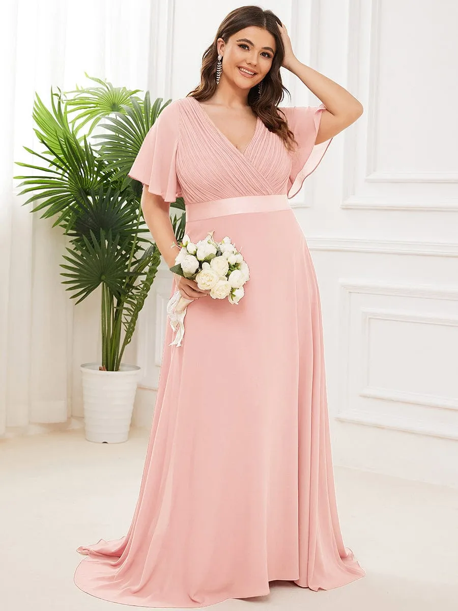 Monica | Long Chiffon Empire Waist Bridesmaid Dress with Short Flutter Sleeves