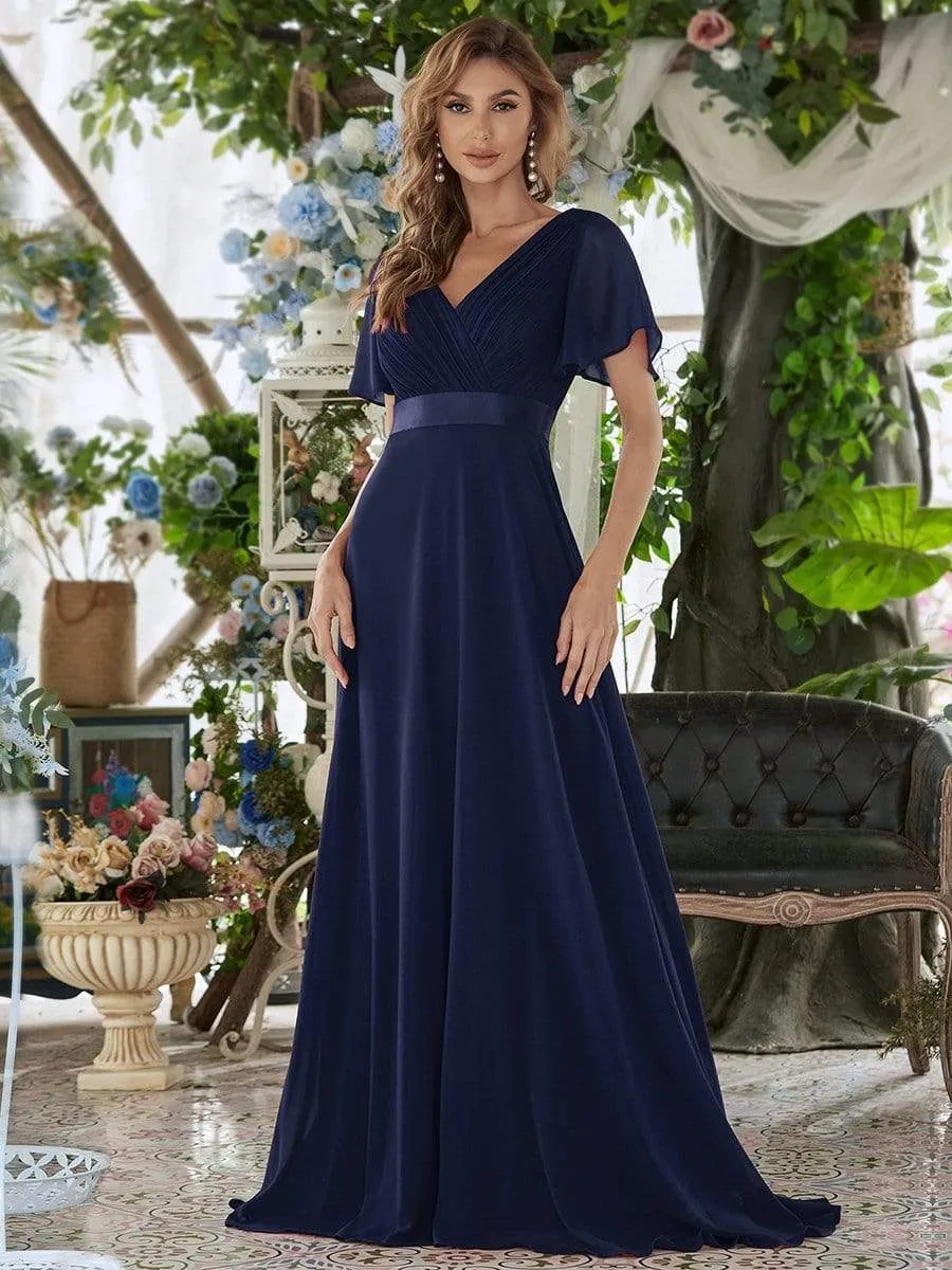 Monica | Long Chiffon Empire Waist Bridesmaid Dress with Short Flutter Sleeves