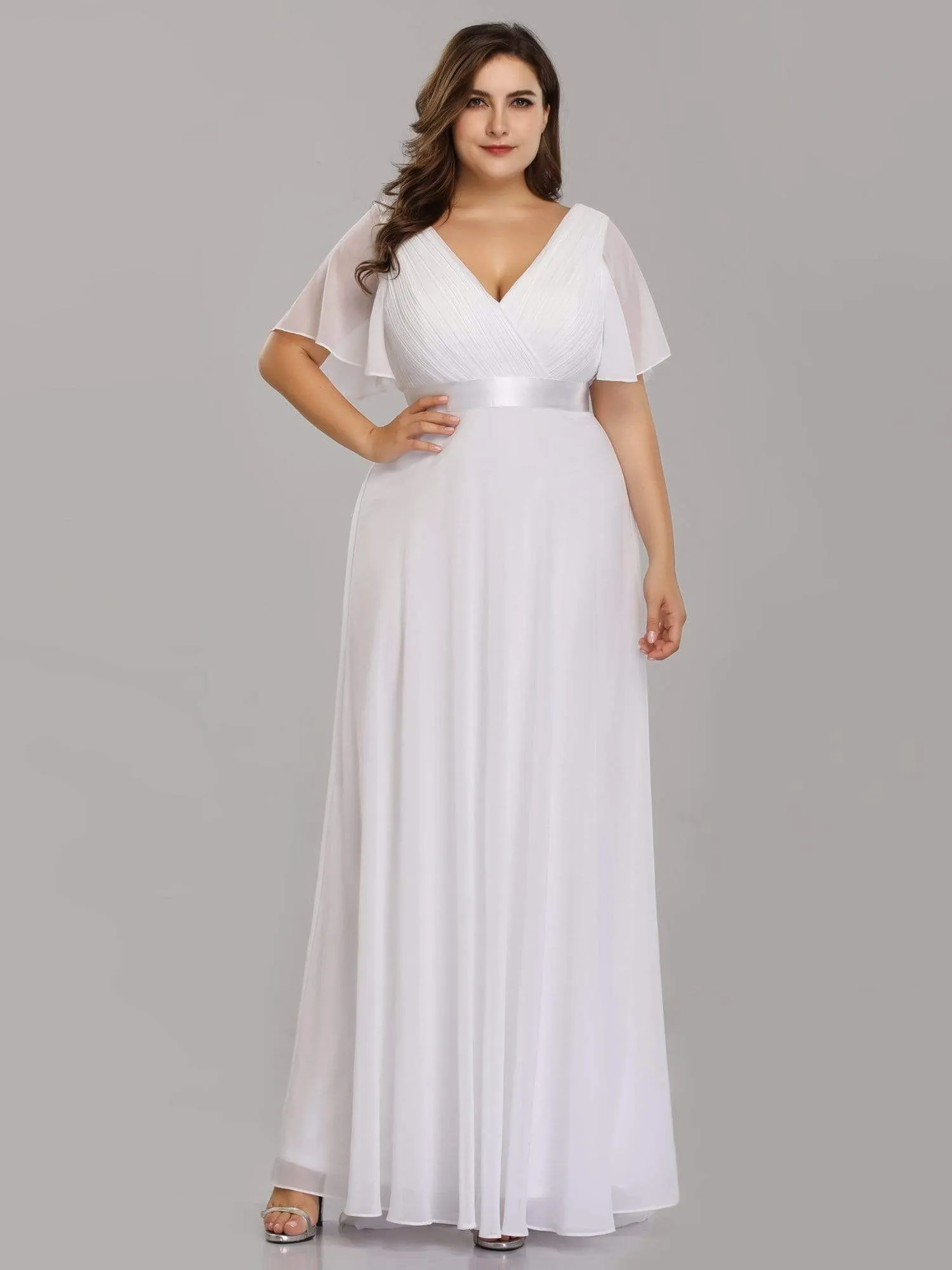 Monica | Long Chiffon Empire Waist Bridesmaid Dress with Short Flutter Sleeves