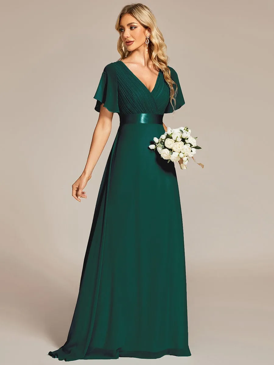 Monica | Long Chiffon Empire Waist Bridesmaid Dress with Short Flutter Sleeves