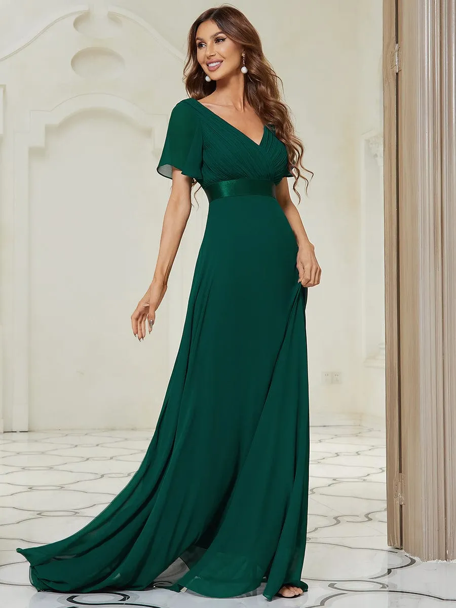 Monica | Long Chiffon Empire Waist Bridesmaid Dress with Short Flutter Sleeves