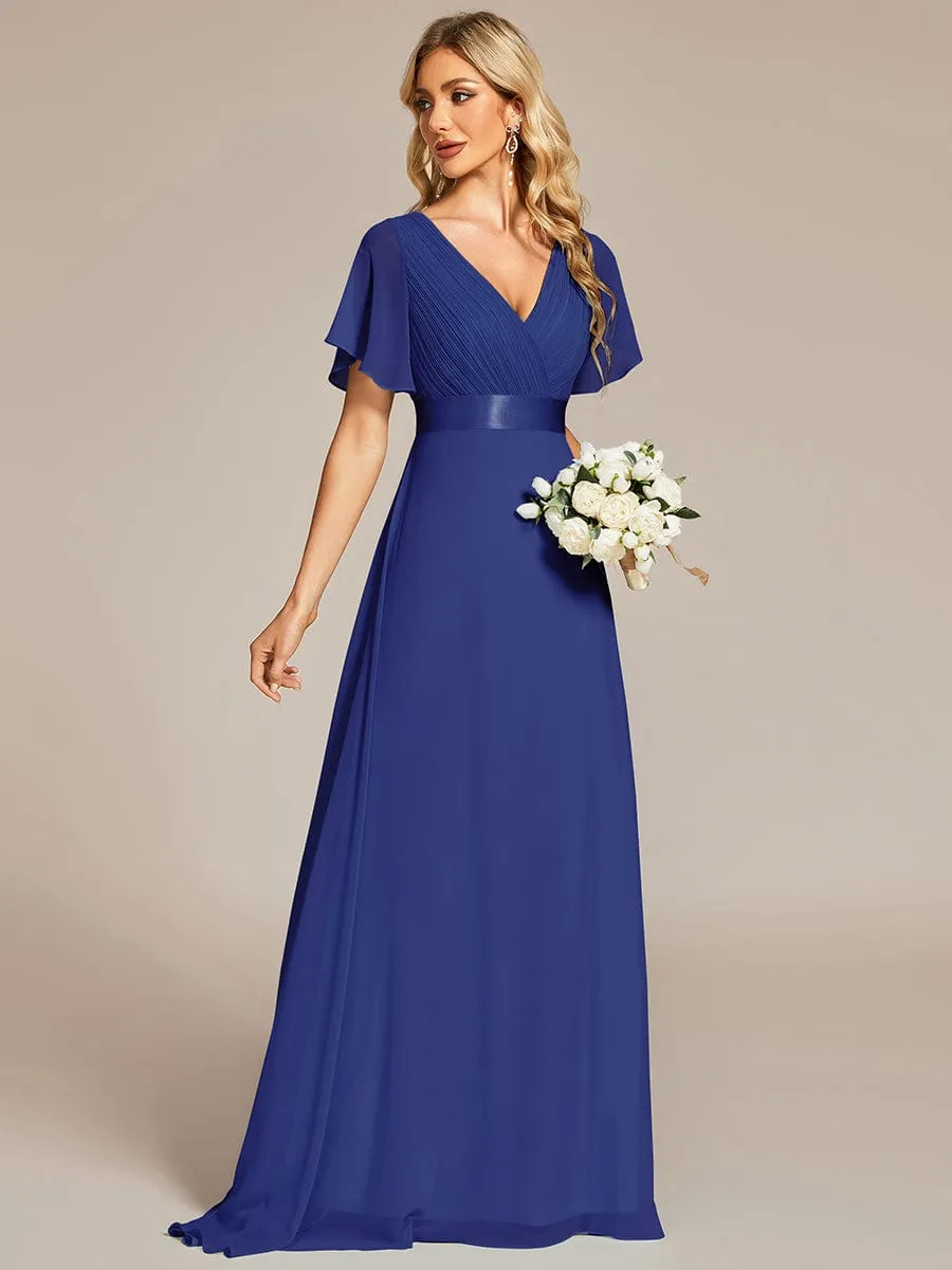 Monica | Long Chiffon Empire Waist Bridesmaid Dress with Short Flutter Sleeves