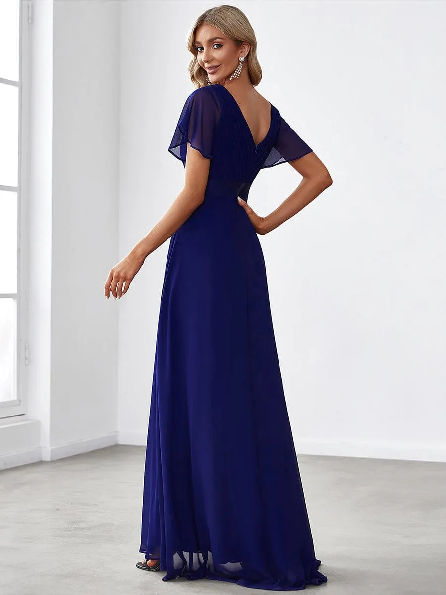 Monica | Long Chiffon Empire Waist Bridesmaid Dress with Short Flutter Sleeves