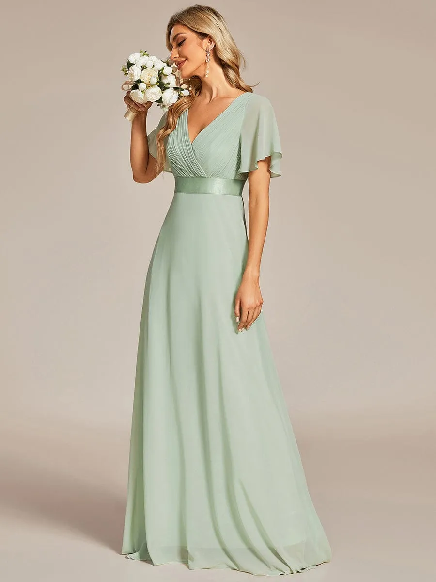 Monica | Long Chiffon Empire Waist Bridesmaid Dress with Short Flutter Sleeves