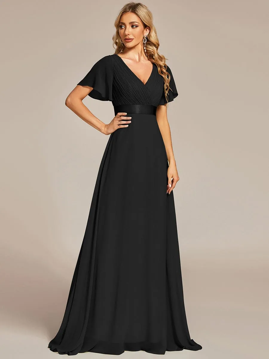 Monica | Long Chiffon Empire Waist Bridesmaid Dress with Short Flutter Sleeves