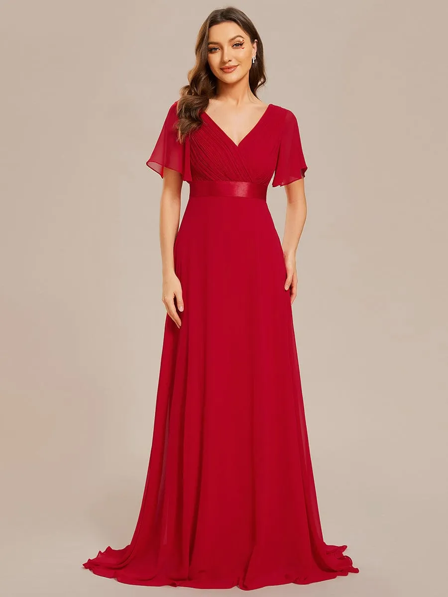 Monica | Long Chiffon Empire Waist Bridesmaid Dress with Short Flutter Sleeves