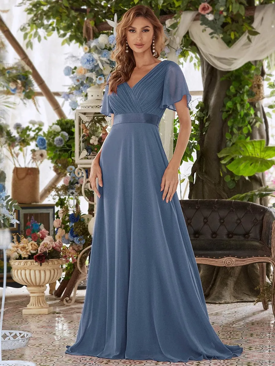 Monica | Long Chiffon Empire Waist Bridesmaid Dress with Short Flutter Sleeves