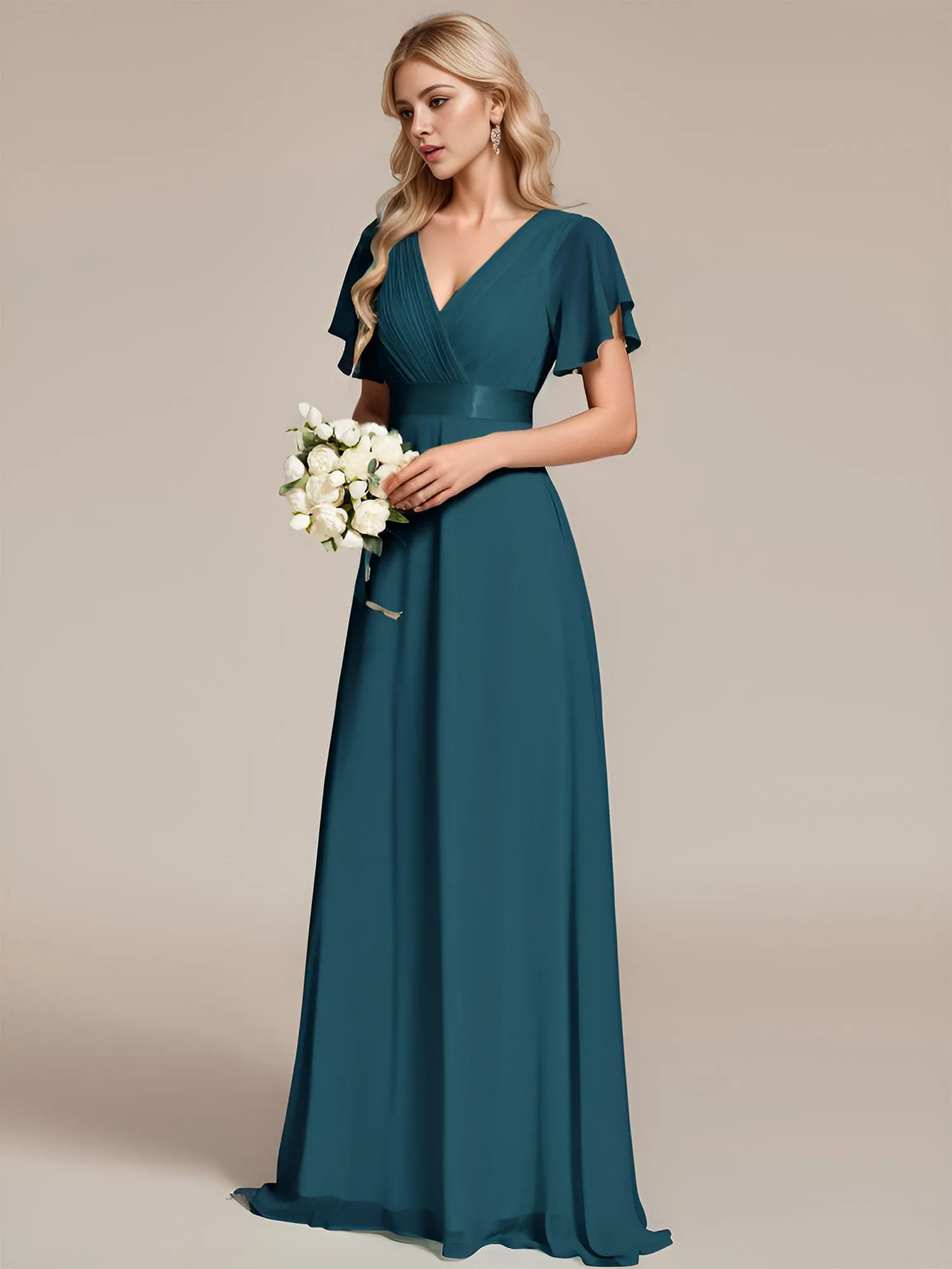 Monica | Long Chiffon Empire Waist Bridesmaid Dress with Short Flutter Sleeves