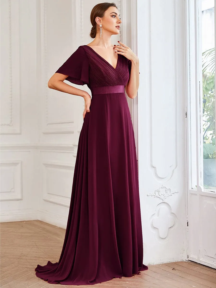 Monica | Long Chiffon Empire Waist Bridesmaid Dress with Short Flutter Sleeves