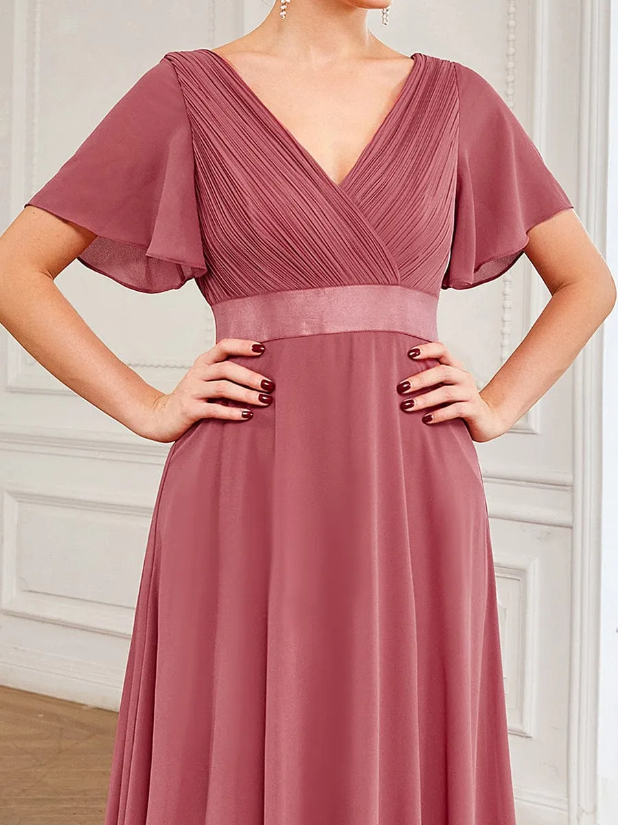 Monica | Long Chiffon Empire Waist Bridesmaid Dress with Short Flutter Sleeves