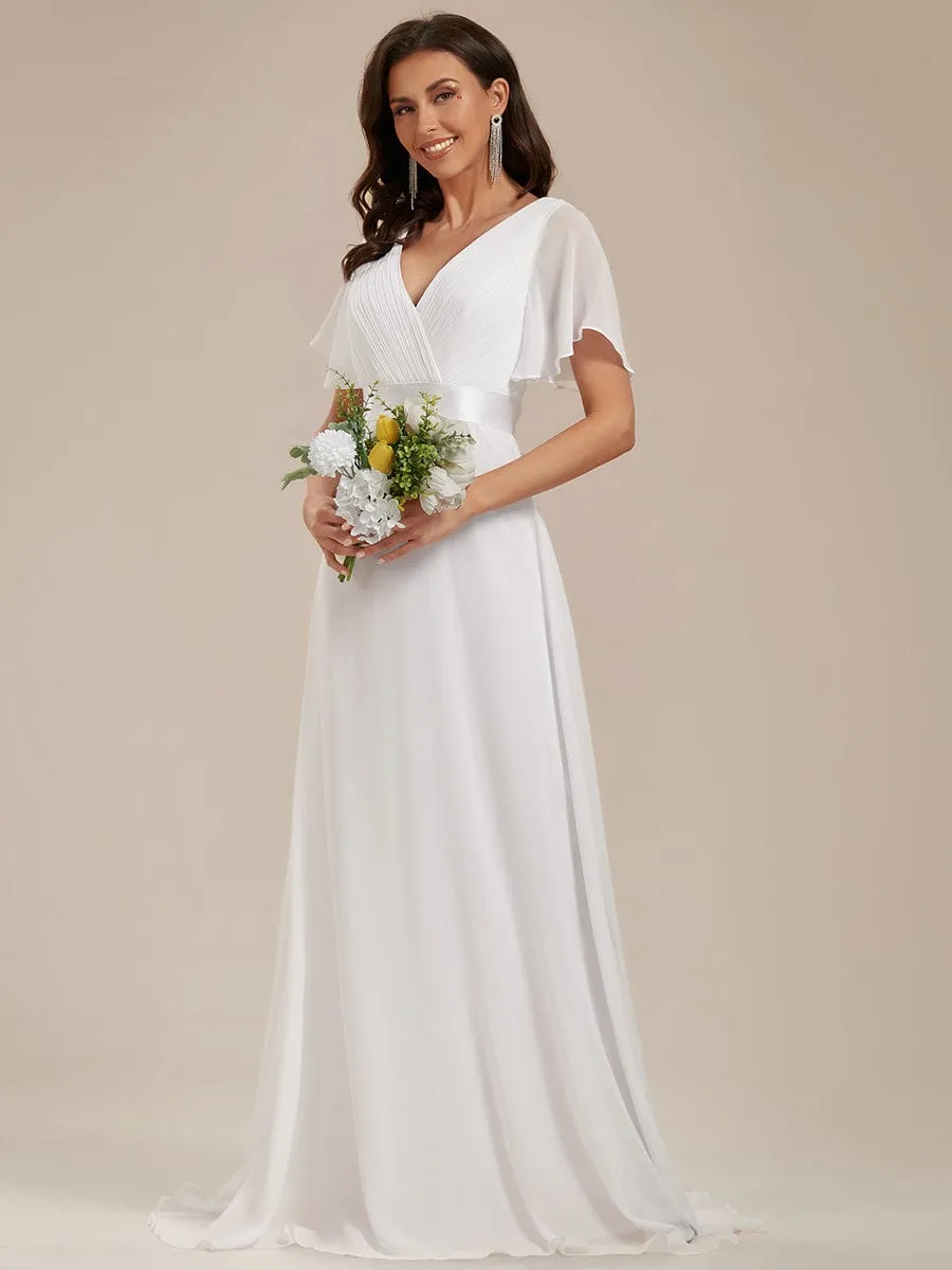 Monica | Long Chiffon Empire Waist Bridesmaid Dress with Short Flutter Sleeves